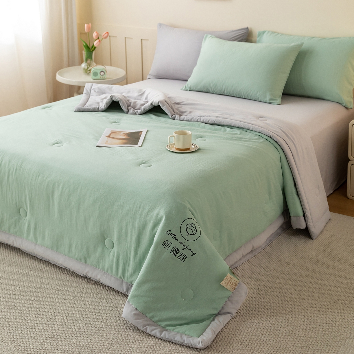 91家纺网 家纺一手货源 找家纺 安琪家纺 2026春夏新款A类新疆棉花纯色撞色双拼夏被夏凉被空调被 双拼-绿灰