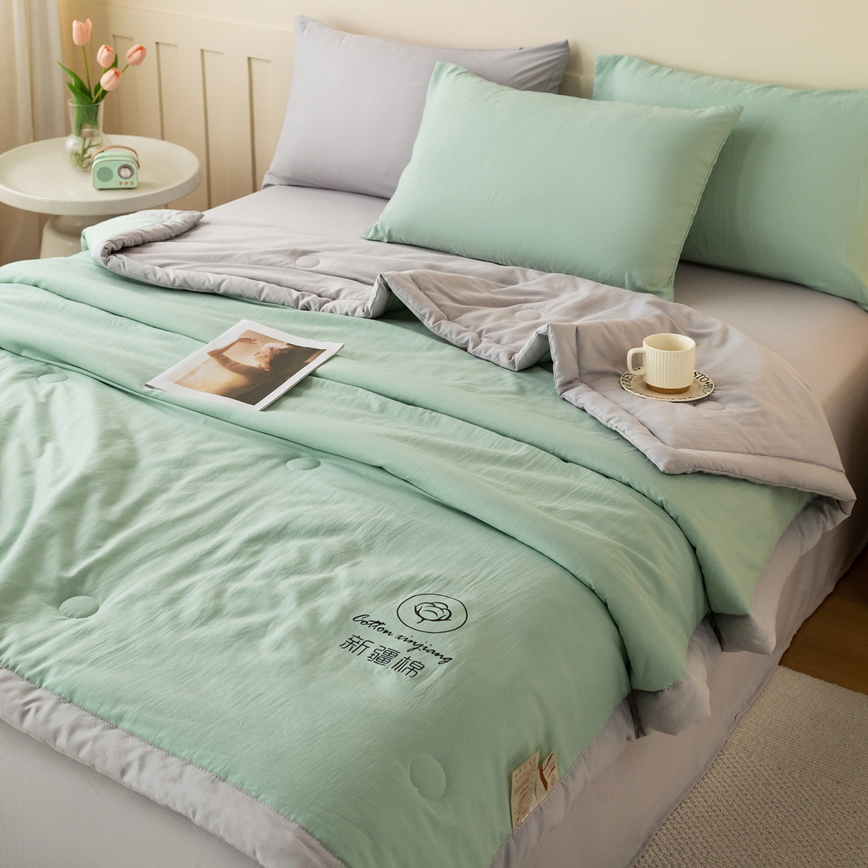 91家纺网 家纺一手货源 找家纺 安琪家纺 2026春夏新款A类新疆棉花纯色撞色双拼夏被夏凉被空调被 双拼-绿灰