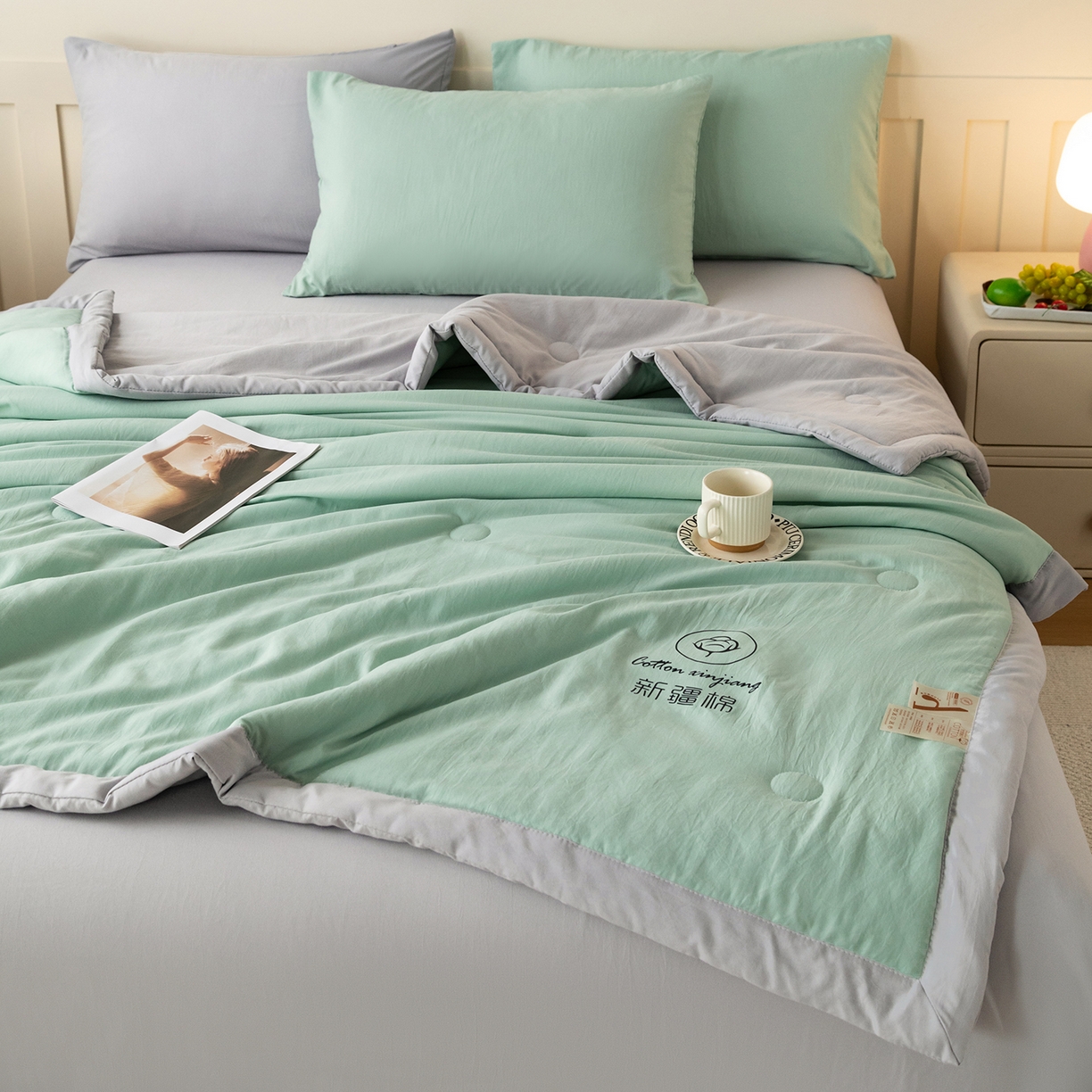 91家纺网 家纺一手货源 找家纺 安琪家纺 2026春夏新款A类新疆棉花纯色撞色双拼夏被夏凉被空调被 双拼-绿灰