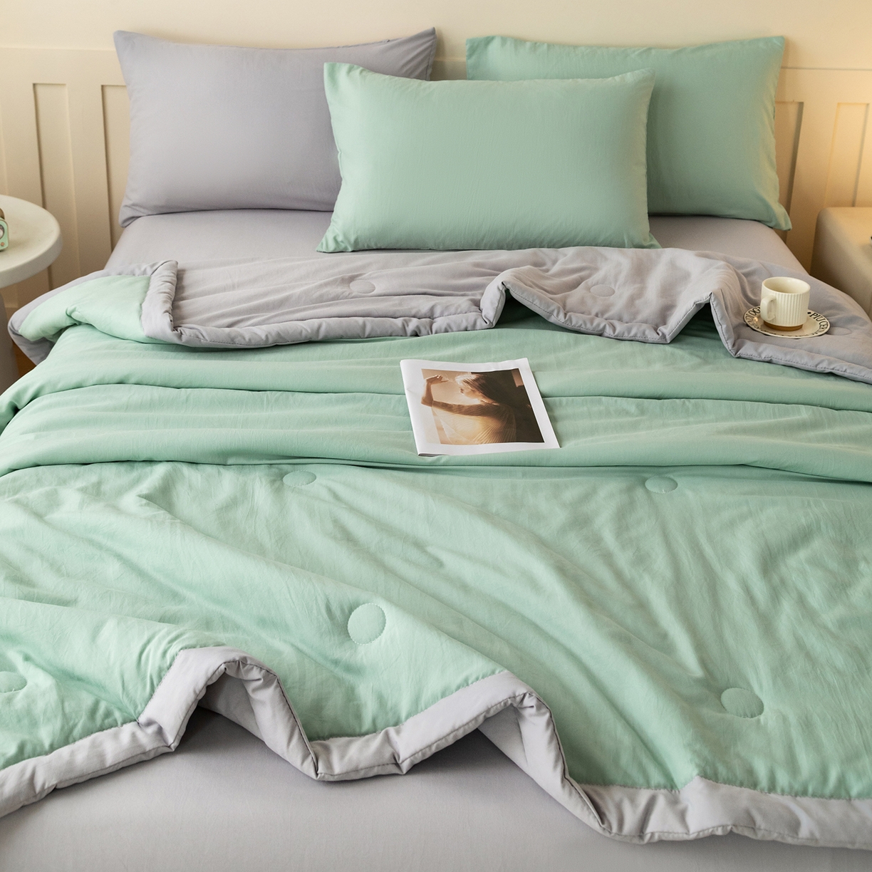 91家纺网 家纺一手货源 找家纺 安琪家纺 2026春夏新款A类新疆棉花纯色撞色双拼夏被夏凉被空调被 双拼-绿灰