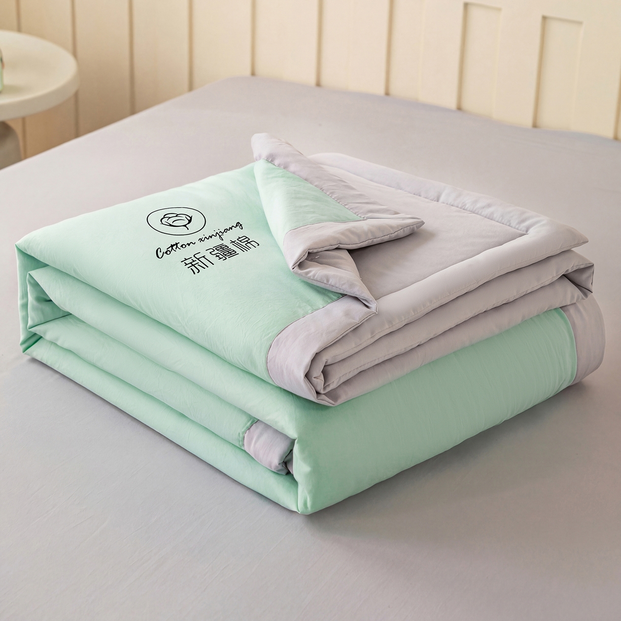 91家纺网 家纺一手货源 找家纺 安琪家纺 2026春夏新款A类新疆棉花纯色撞色双拼夏被夏凉被空调被 双拼-绿灰