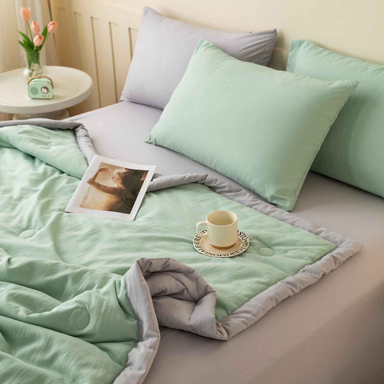 91家纺网 家纺一手货源 找家纺 安琪家纺 2026春夏新款A类新疆棉花纯色撞色双拼夏被夏凉被空调被 双拼-绿灰