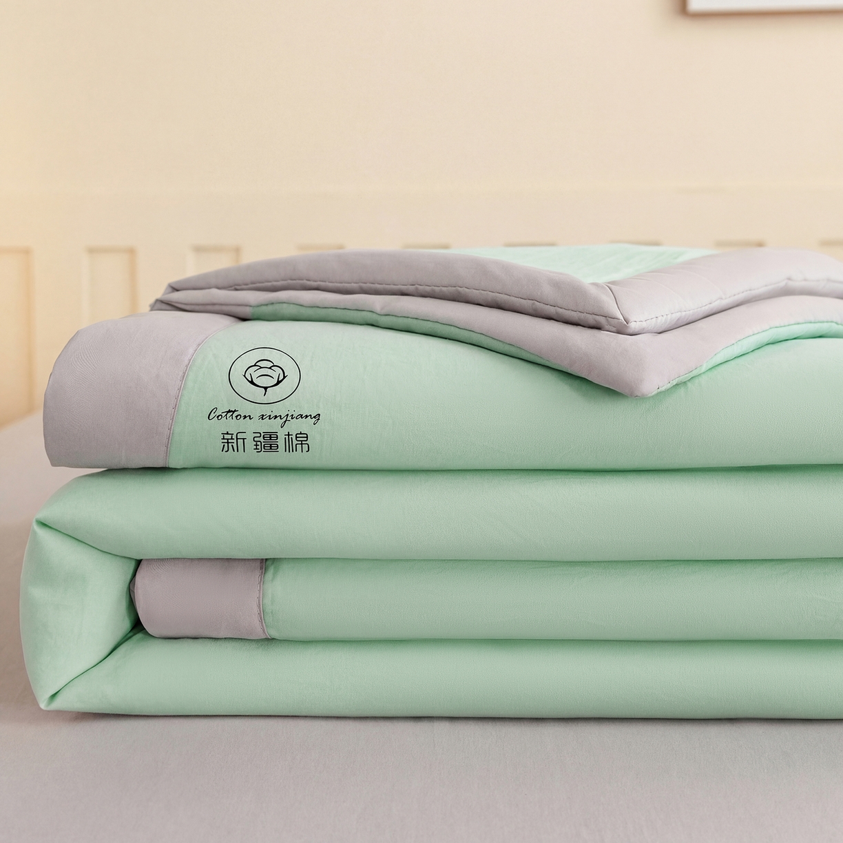91家纺网 家纺一手货源 找家纺 安琪家纺 2026春夏新款A类新疆棉花纯色撞色双拼夏被夏凉被空调被 双拼-绿灰