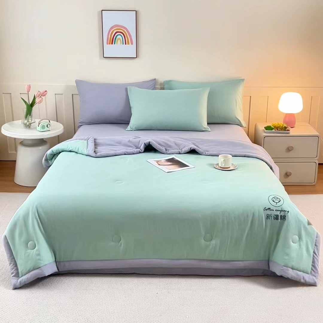 91家纺网 家纺一手货源 找家纺 安琪家纺 2026春夏新款A类新疆棉花纯色撞色双拼夏被夏凉被空调被 双拼-绿灰