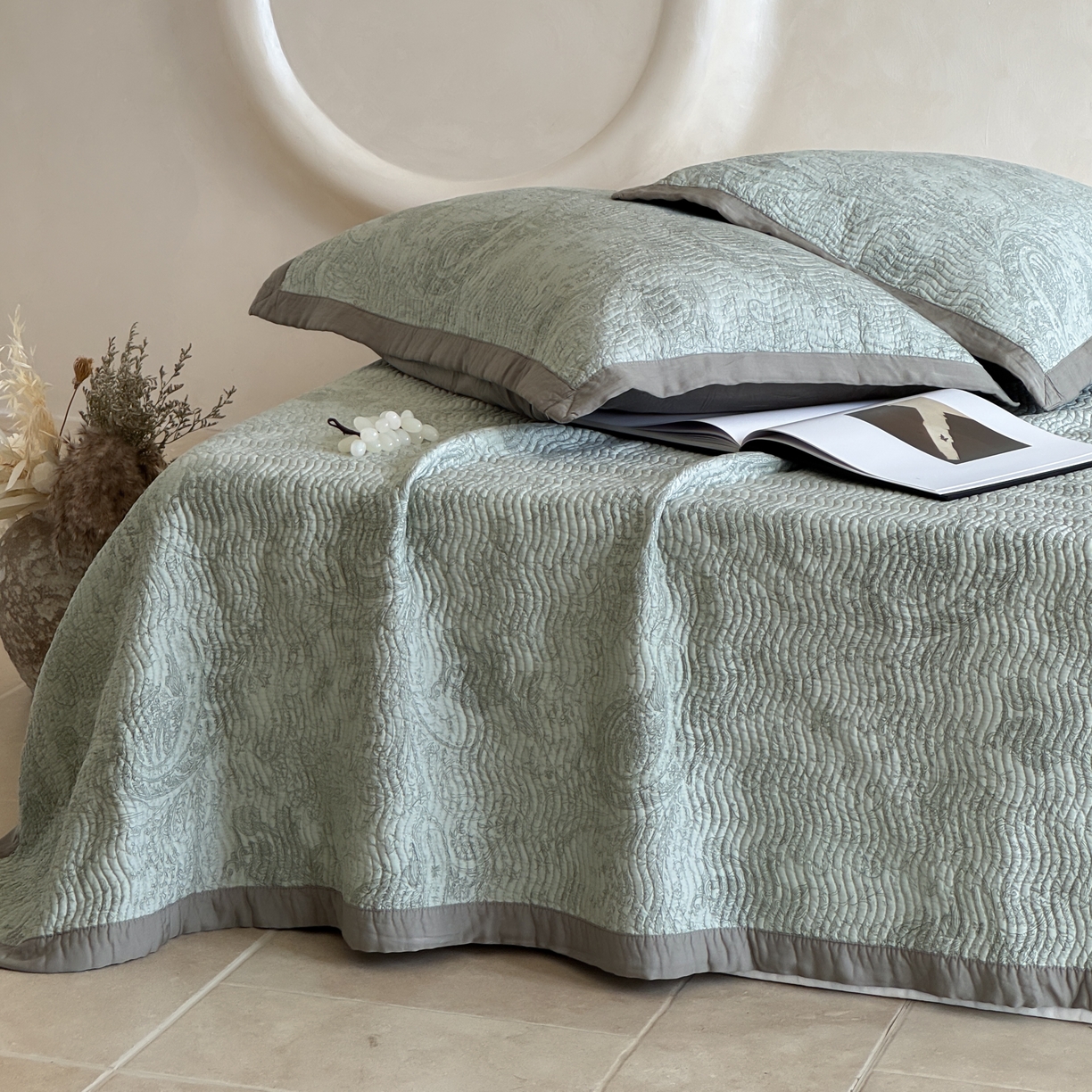 床盖工厂店 2026新款莫代尔天丝床盖波浪纹绗缝床盖三件套 香岛巴黎-绿