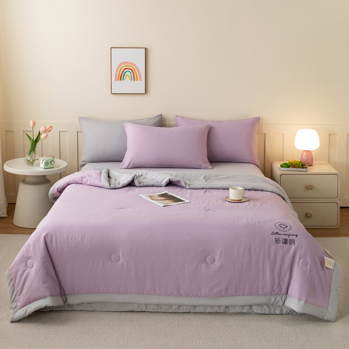 91家纺网 家纺一手货源 找家纺 安琪家纺 2026春夏新款A类新疆棉花纯色撞色双拼夏被夏凉被空调被 双拼-紫灰