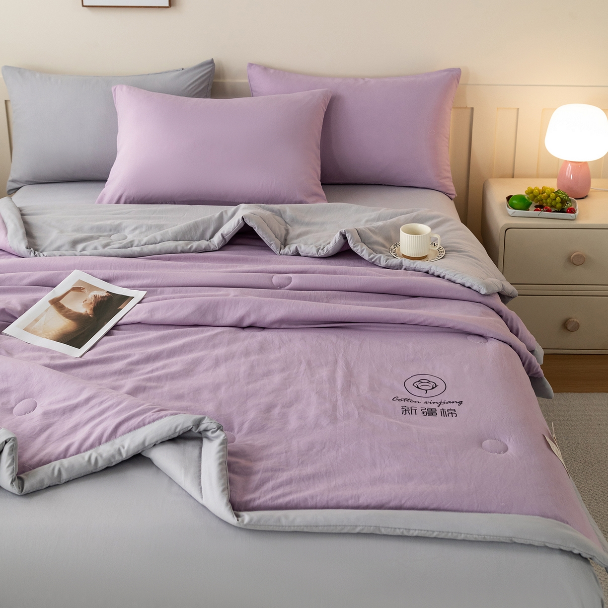 91家纺网 家纺一手货源 找家纺 安琪家纺 2026春夏新款A类新疆棉花纯色撞色双拼夏被夏凉被空调被 双拼-紫灰