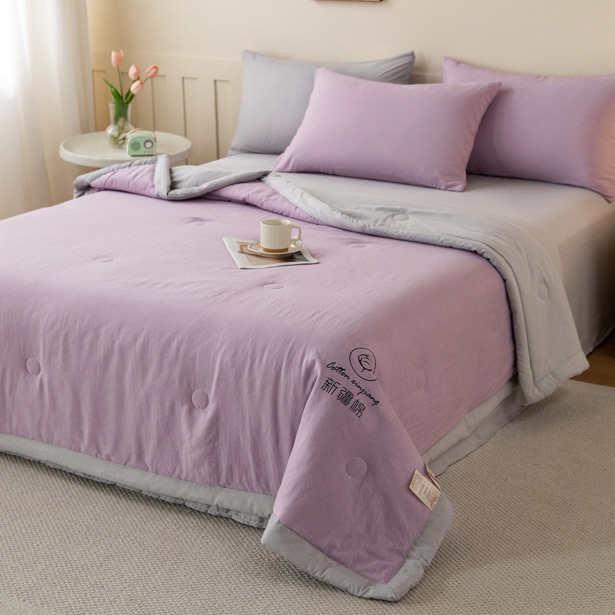 91家纺网 家纺一手货源 找家纺 安琪家纺 2026春夏新款A类新疆棉花纯色撞色双拼夏被夏凉被空调被 双拼-紫灰