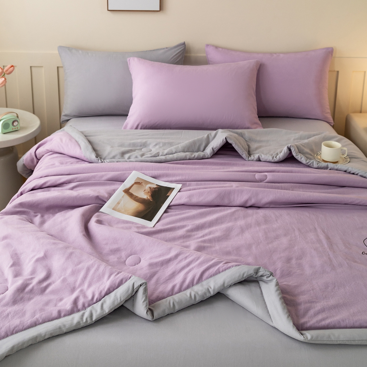 91家纺网 家纺一手货源 找家纺 安琪家纺 2026春夏新款A类新疆棉花纯色撞色双拼夏被夏凉被空调被 双拼-紫灰