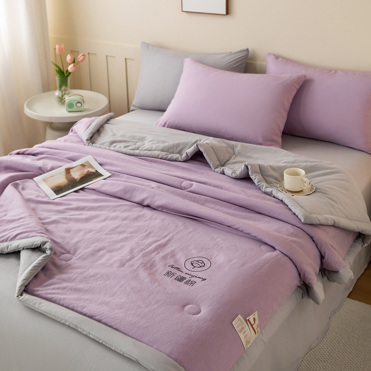 91家纺网 家纺一手货源 找家纺 安琪家纺 2026春夏新款A类新疆棉花纯色撞色双拼夏被夏凉被空调被 双拼-紫灰