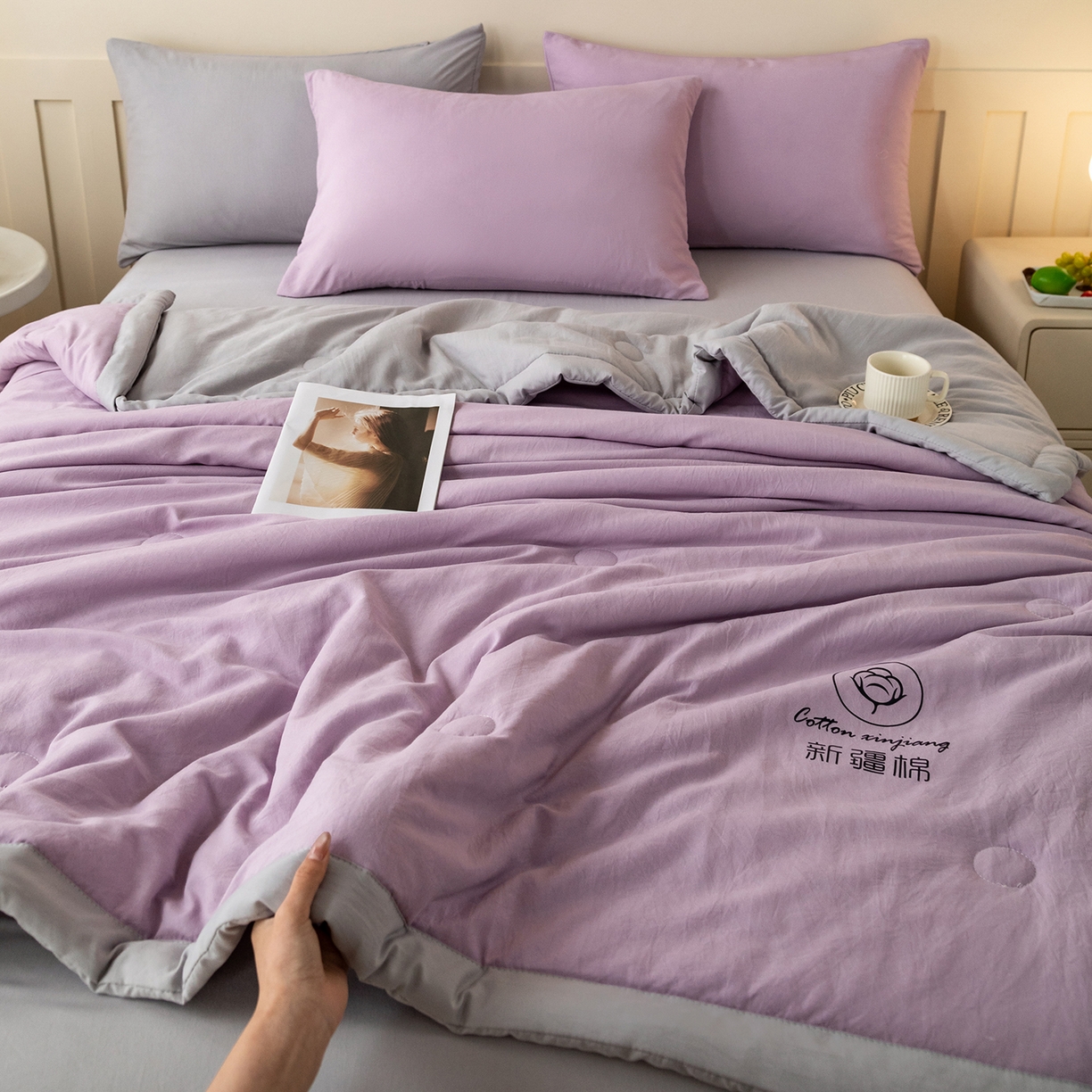 91家纺网 家纺一手货源 找家纺 安琪家纺 2026春夏新款A类新疆棉花纯色撞色双拼夏被夏凉被空调被 双拼-紫灰