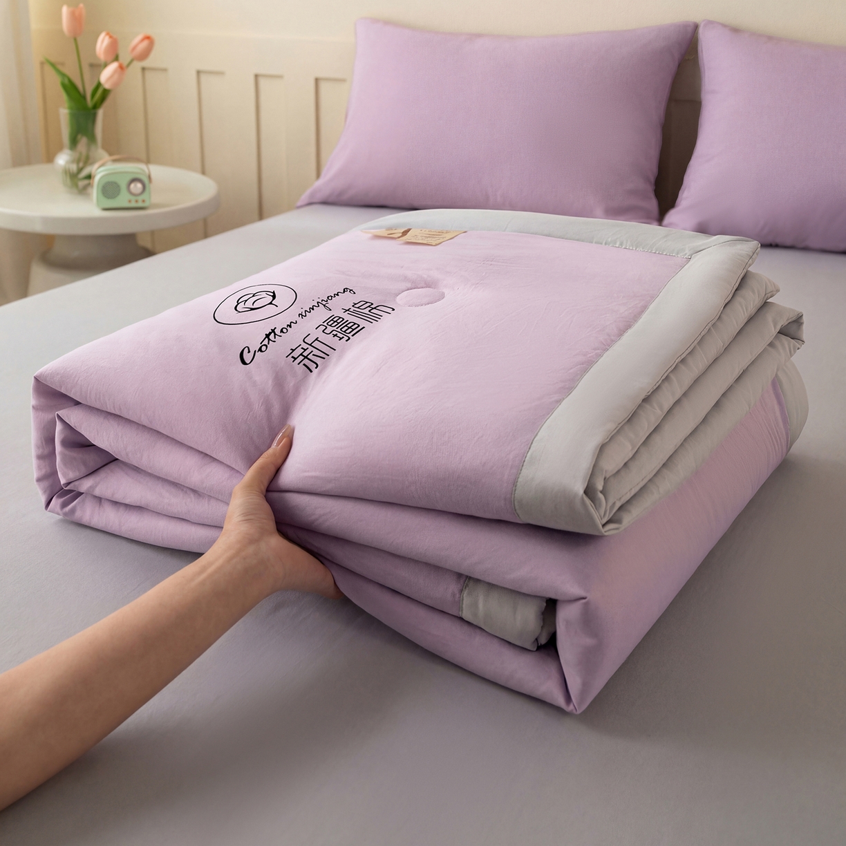 91家纺网 家纺一手货源 找家纺 安琪家纺 2026春夏新款A类新疆棉花纯色撞色双拼夏被夏凉被空调被 双拼-紫灰