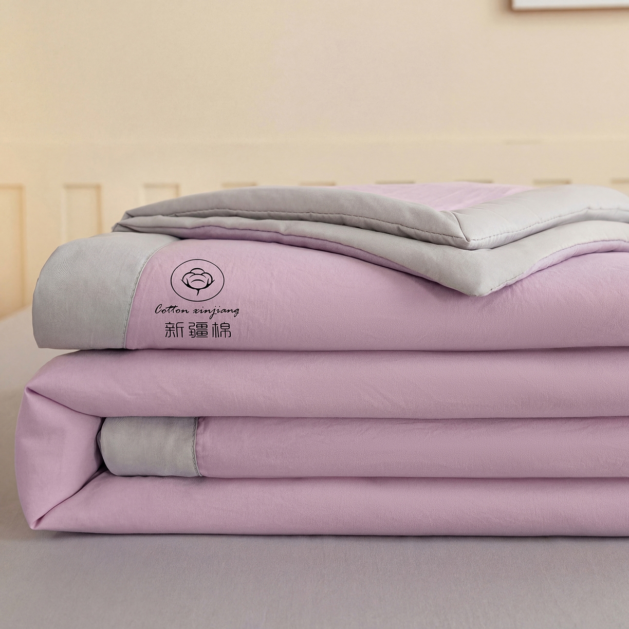 91家纺网 家纺一手货源 找家纺 安琪家纺 2026春夏新款A类新疆棉花纯色撞色双拼夏被夏凉被空调被 双拼-紫灰