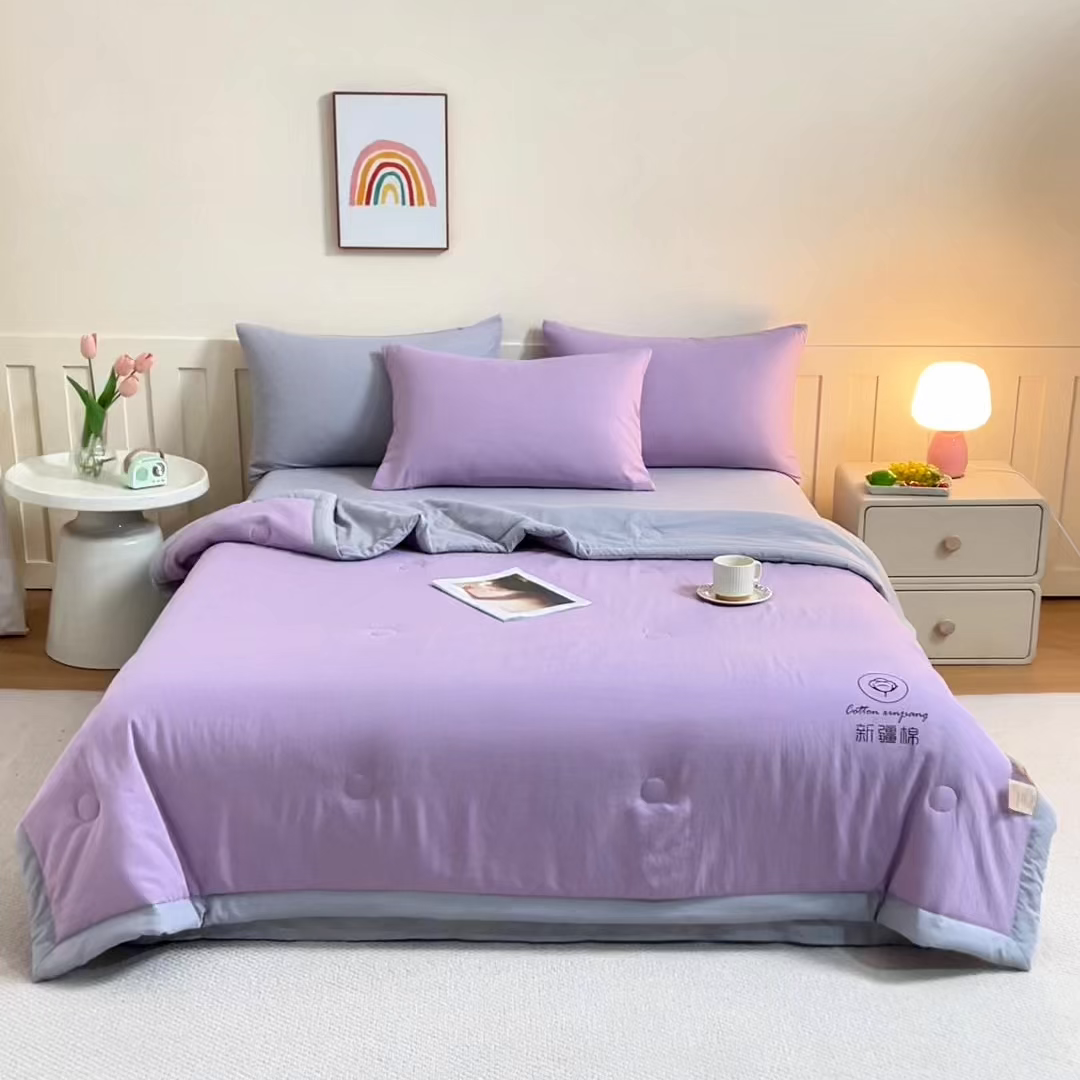 91家纺网 家纺一手货源 找家纺 安琪家纺 2026春夏新款A类新疆棉花纯色撞色双拼夏被夏凉被空调被 双拼-紫灰