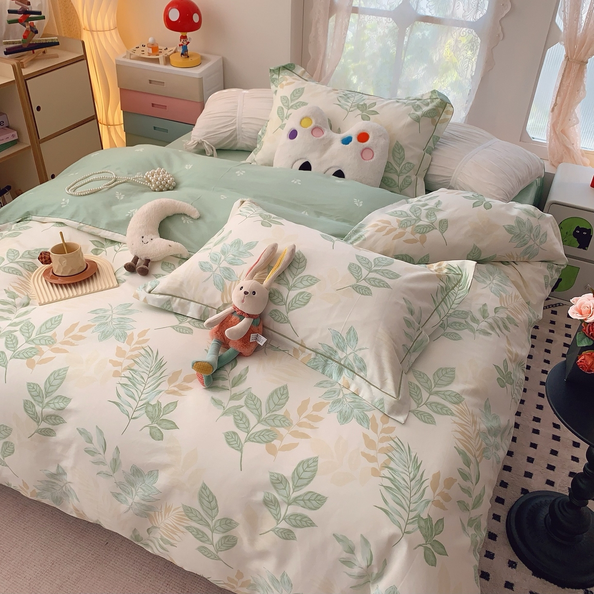 91家纺网 家纺一手货源 找家纺 奈萝家纺 2025新款全棉纯棉小清新印花四件套-第一波 东方树叶