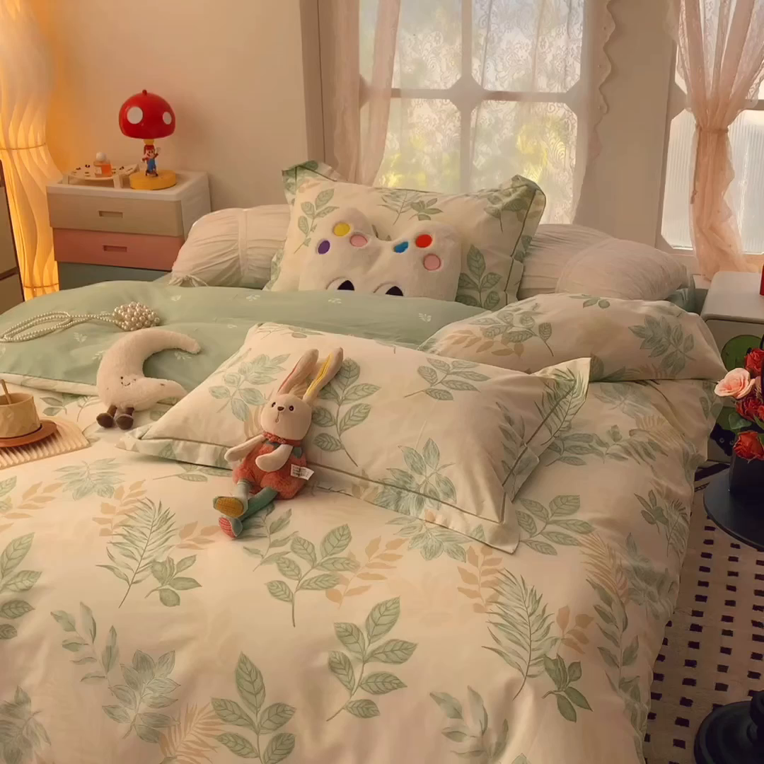 91家纺网 家纺一手货源 找家纺 奈萝家纺 2025新款全棉纯棉小清新印花四件套-第一波 东方树叶