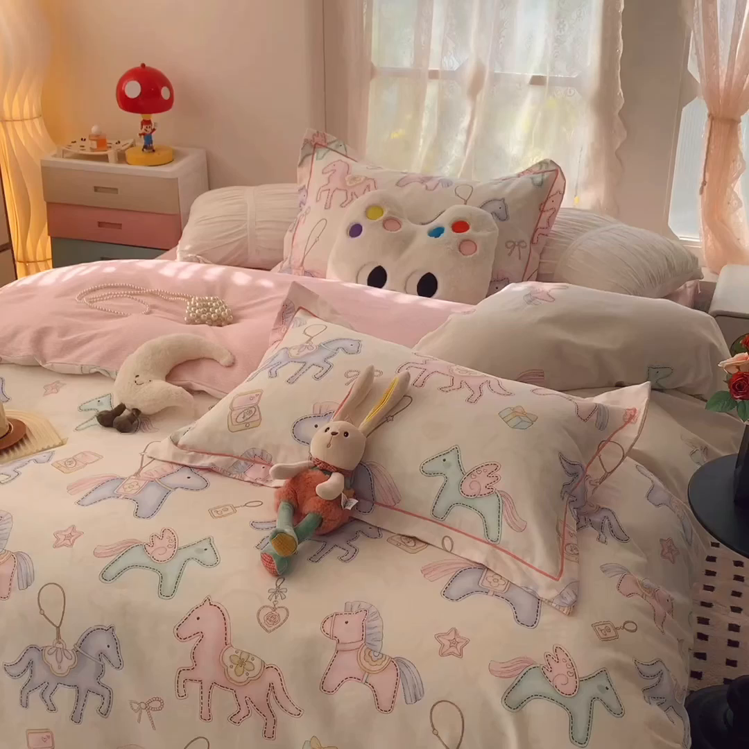 91家纺网 家纺一手货源 找家纺 奈萝家纺 2025新款全棉纯棉小清新印花四件套-第一波 飞马城堡