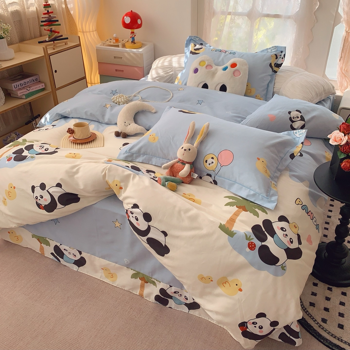 91家纺网 家纺一手货源 找家纺 奈萝家纺 2025新款全棉纯棉小清新印花四件套-第一波 快乐熊猫蓝