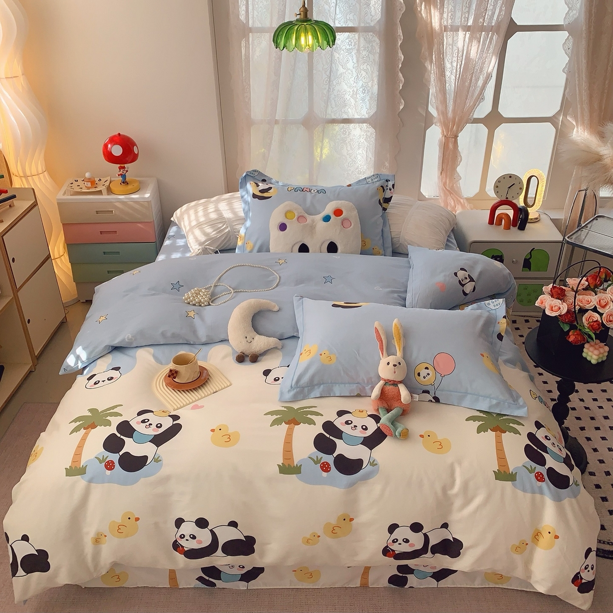 91家纺网 家纺一手货源 找家纺 奈萝家纺 2025新款全棉纯棉小清新印花四件套-第一波 快乐熊猫蓝