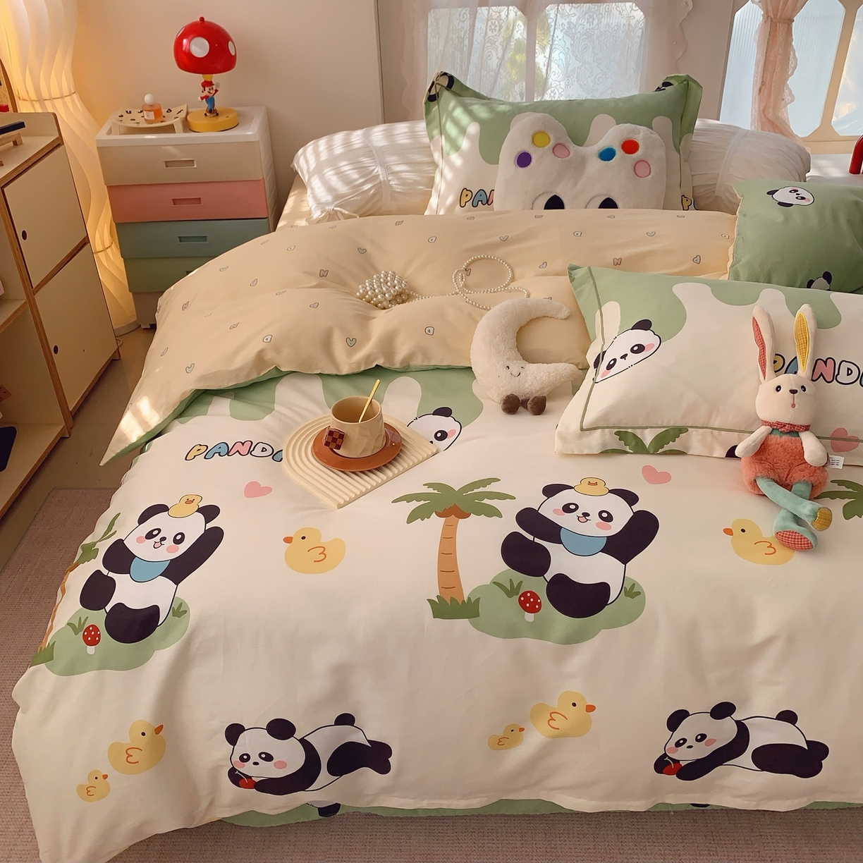 91家纺网 家纺一手货源 找家纺 奈萝家纺 2025新款全棉纯棉小清新印花四件套-第一波 快乐熊猫绿