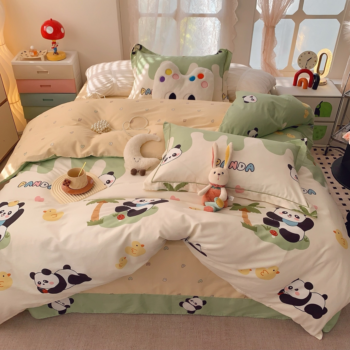91家纺网 家纺一手货源 找家纺 奈萝家纺 2025新款全棉纯棉小清新印花四件套-第一波 快乐熊猫绿
