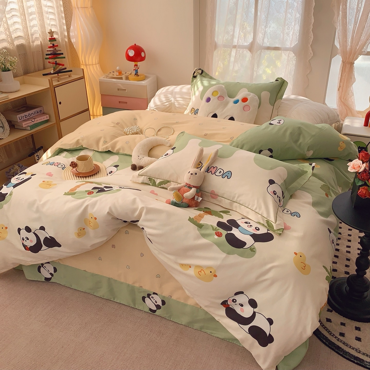 91家纺网 家纺一手货源 找家纺 奈萝家纺 2025新款全棉纯棉小清新印花四件套-第一波 快乐熊猫绿