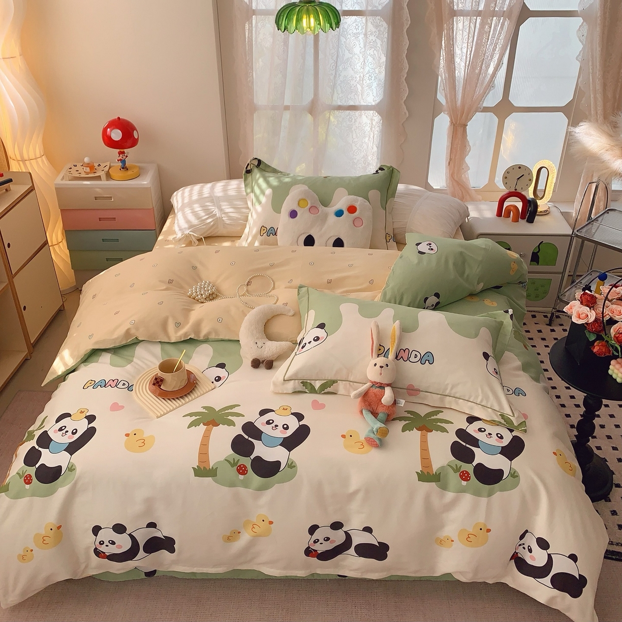 91家纺网 家纺一手货源 找家纺 奈萝家纺 2025新款全棉纯棉小清新印花四件套-第一波 快乐熊猫绿