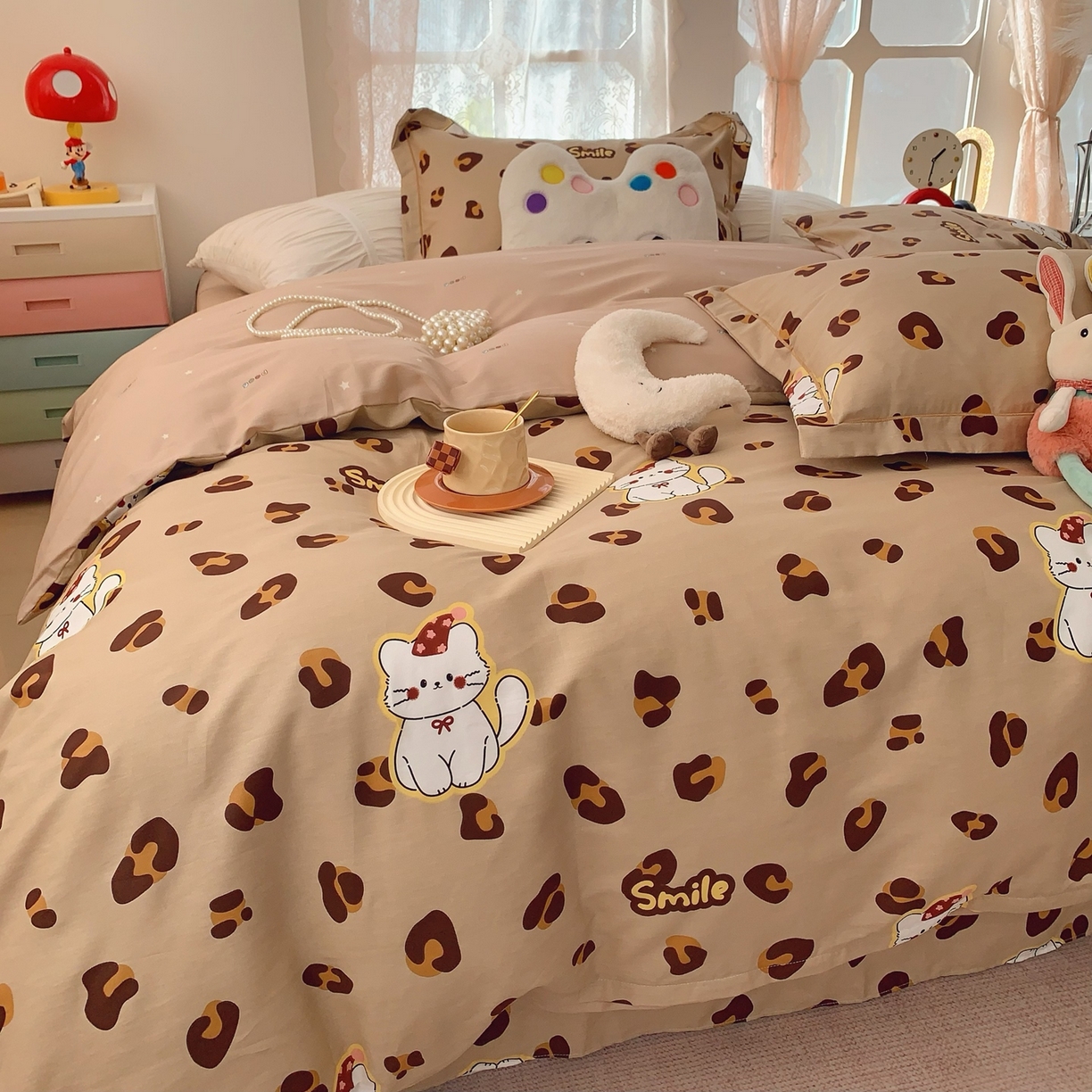 91家纺网 家纺一手货源 找家纺 奈萝家纺 2025新款全棉纯棉小清新印花四件套-第一波 猫咪豹纹咖