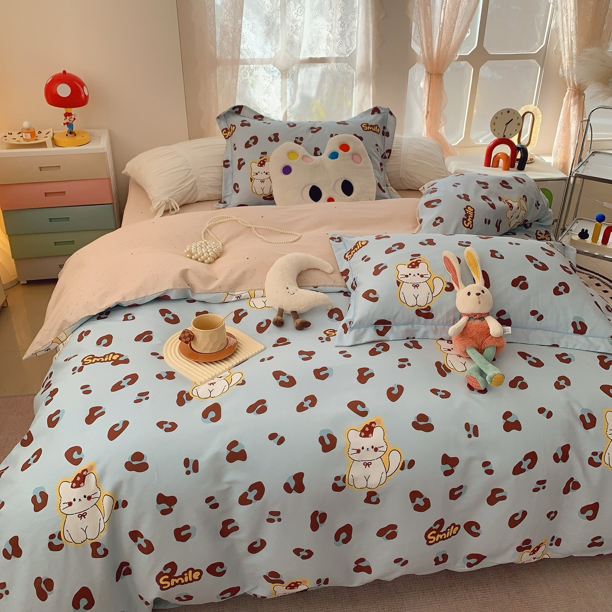 91家纺网 家纺一手货源 找家纺 奈萝家纺 2025新款全棉纯棉小清新印花四件套-第一波 猫咪豹纹蓝