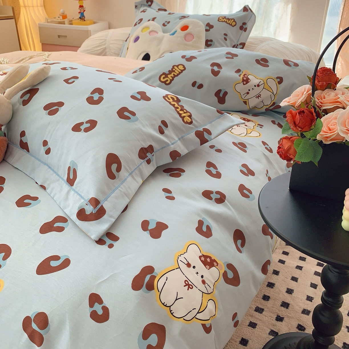 91家纺网 家纺一手货源 找家纺 奈萝家纺 2025新款全棉纯棉小清新印花四件套-第一波 猫咪豹纹蓝