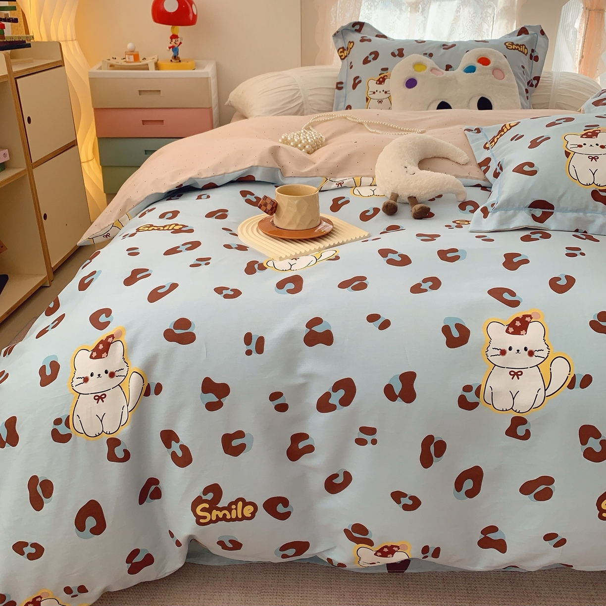 91家纺网 家纺一手货源 找家纺 奈萝家纺 2025新款全棉纯棉小清新印花四件套-第一波 猫咪豹纹蓝