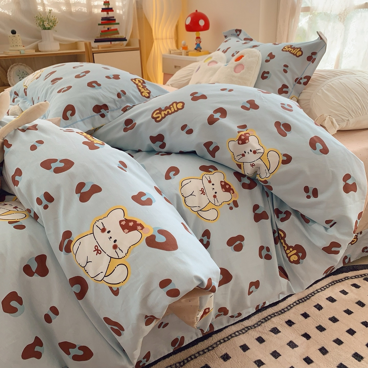 91家纺网 家纺一手货源 找家纺 奈萝家纺 2025新款全棉纯棉小清新印花四件套-第一波 猫咪豹纹蓝