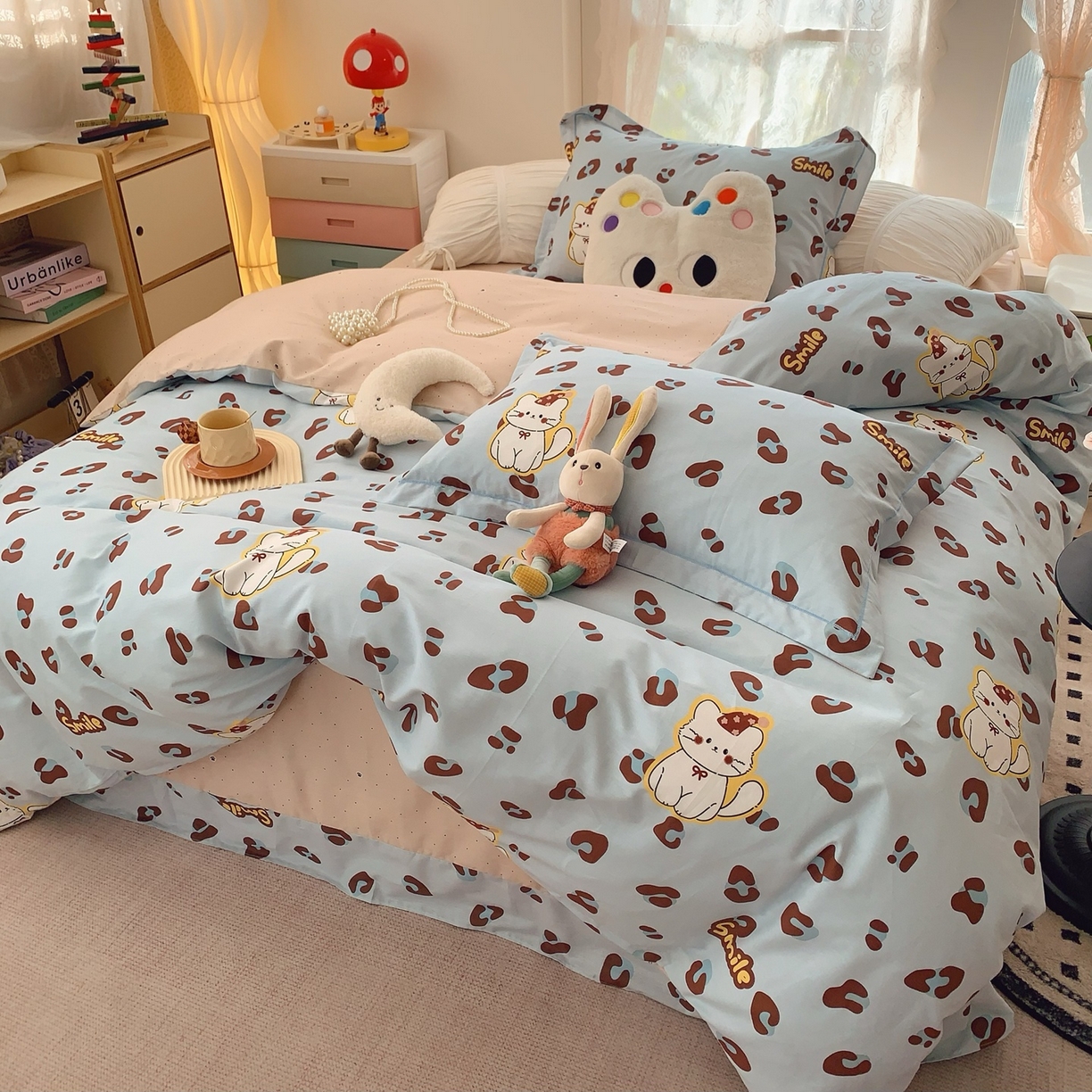 91家纺网 家纺一手货源 找家纺 奈萝家纺 2025新款全棉纯棉小清新印花四件套-第一波 猫咪豹纹蓝