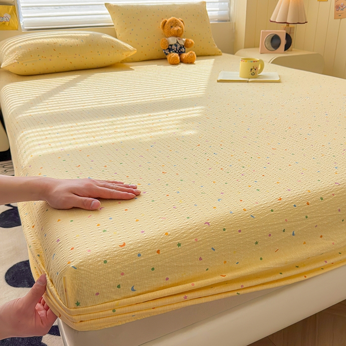 91家纺网 家纺一手货源 找家纺 （总）梵朴 2026新款A类泡芙棉云感木棉邹邹纱双层纱床笠三件套