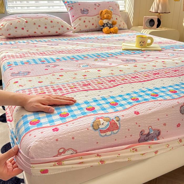 91家纺网 家纺一手货源 找家纺 （总）梵朴 2026新款A类泡芙棉云感木棉邹邹纱双层纱床笠三件套