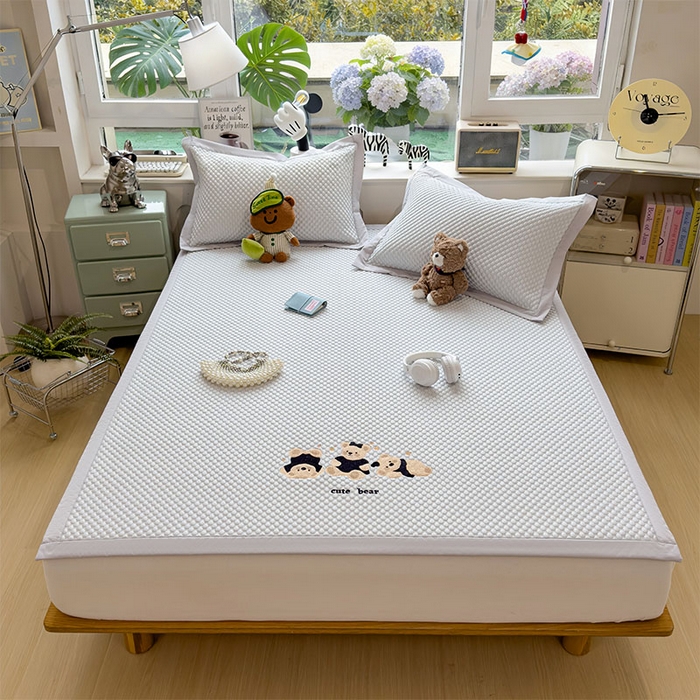 莱家富  2026新款A类卡通3D冰豆豆凉席三件套凉感值过0.21夏天刺绣冰丝席可机洗儿童空调软席子-豆豆小熊 冰川蓝-凉席款