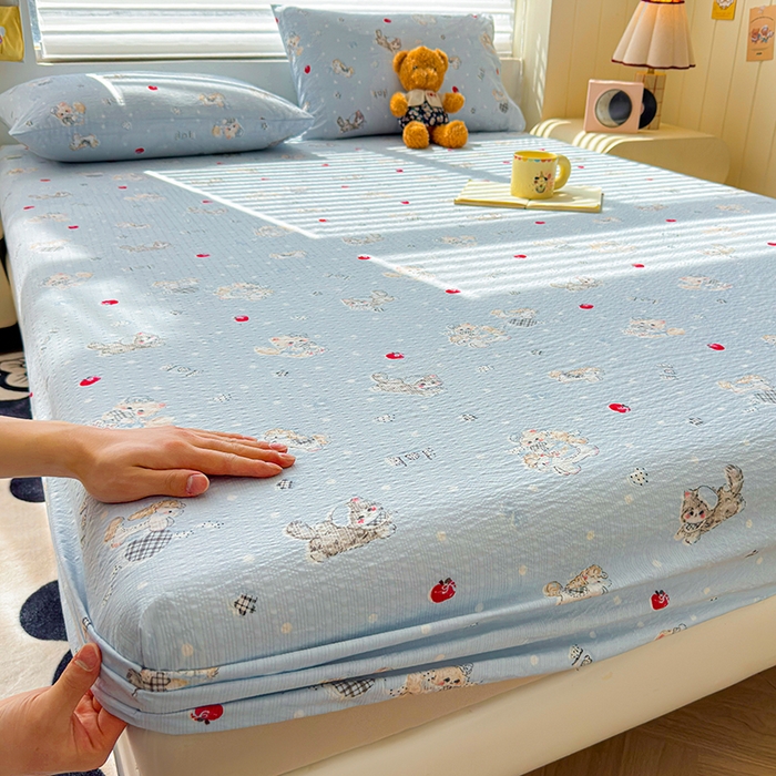 91家纺网 家纺一手货源 找家纺 （总）梵朴 2026新款A类泡芙棉云感木棉邹邹纱双层纱床笠三件套