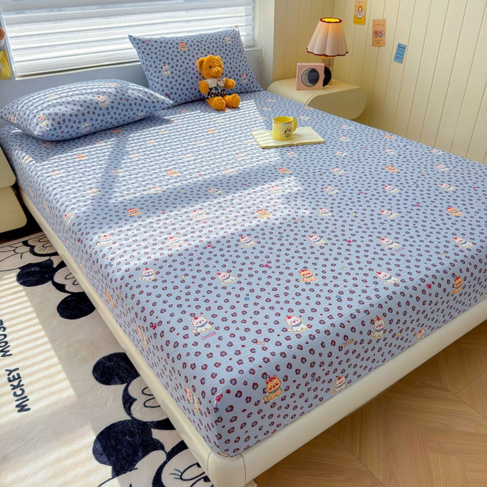 91家纺网 家纺一手货源 找家纺 梵朴 2026新款A类泡芙棉云感木棉邹邹纱双层纱床笠三件套 豹纹泡芙狗