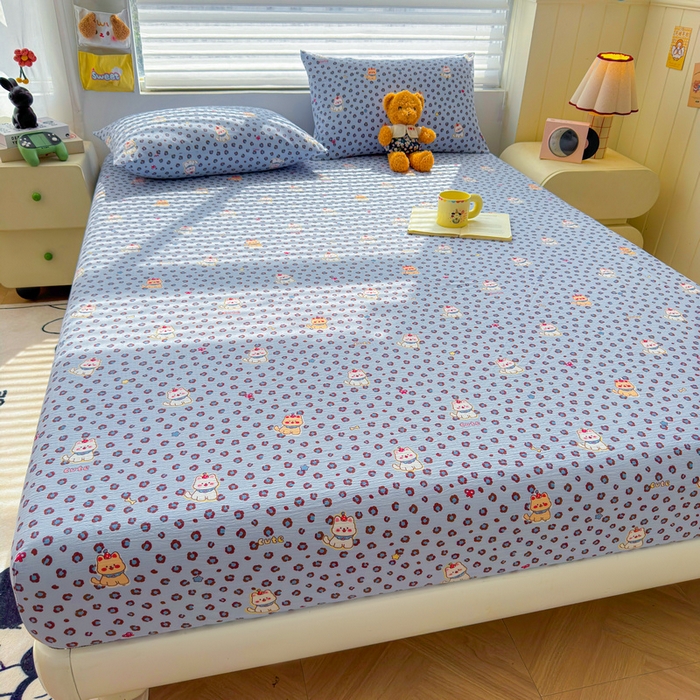 91家纺网 家纺一手货源 找家纺 梵朴 2026新款A类泡芙棉云感木棉邹邹纱双层纱床笠三件套 豹纹泡芙狗