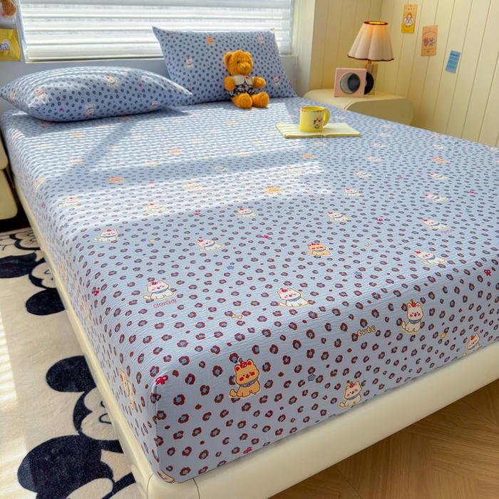 91家纺网 家纺一手货源 找家纺 梵朴 2026新款A类泡芙棉云感木棉邹邹纱双层纱床笠三件套 豹纹泡芙狗