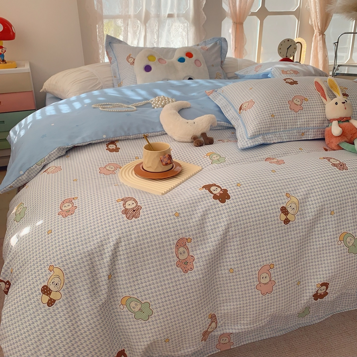 91家纺网 家纺一手货源 找家纺 奈萝家纺 2025新款全棉纯棉小清新印花四件套-第一波 小魔仙蓝