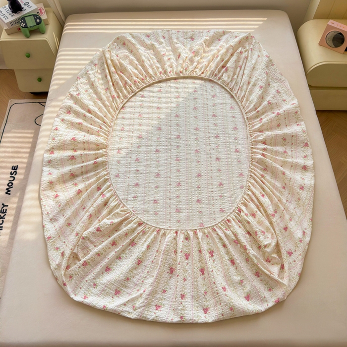 91家纺网 家纺一手货源 找家纺 梵朴 2026新款A类泡芙棉云感木棉邹邹纱双层纱床笠三件套 春日花语