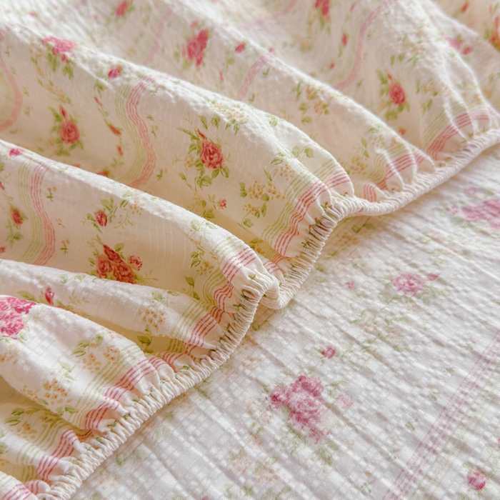 91家纺网 家纺一手货源 找家纺 梵朴 2026新款A类泡芙棉云感木棉邹邹纱双层纱床笠三件套 春日花语