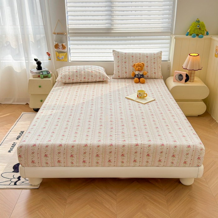 91家纺网 家纺一手货源 找家纺 梵朴 2026新款A类泡芙棉云感木棉邹邹纱双层纱床笠三件套 春日花语