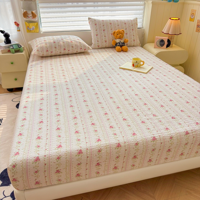 91家纺网 家纺一手货源 找家纺 梵朴 2026新款A类泡芙棉云感木棉邹邹纱双层纱床笠三件套 春日花语