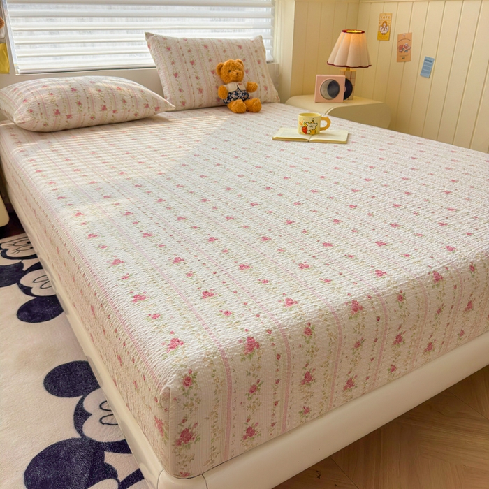 91家纺网 家纺一手货源 找家纺 梵朴 2026新款A类泡芙棉云感木棉邹邹纱双层纱床笠三件套 春日花语