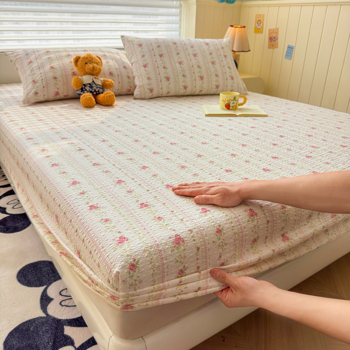 91家纺网 家纺一手货源 找家纺 梵朴 2026新款A类泡芙棉云感木棉邹邹纱双层纱床笠三件套 春日花语