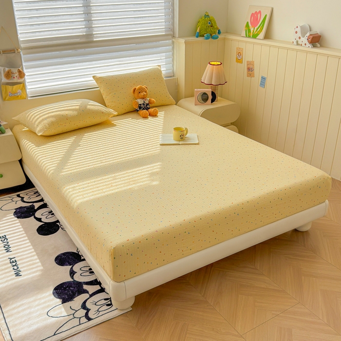 91家纺网 家纺一手货源 找家纺 梵朴 2026新款A类泡芙棉云感木棉邹邹纱双层纱床笠三件套 璀璨星空