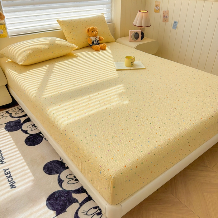 91家纺网 家纺一手货源 找家纺 梵朴 2026新款A类泡芙棉云感木棉邹邹纱双层纱床笠三件套 璀璨星空