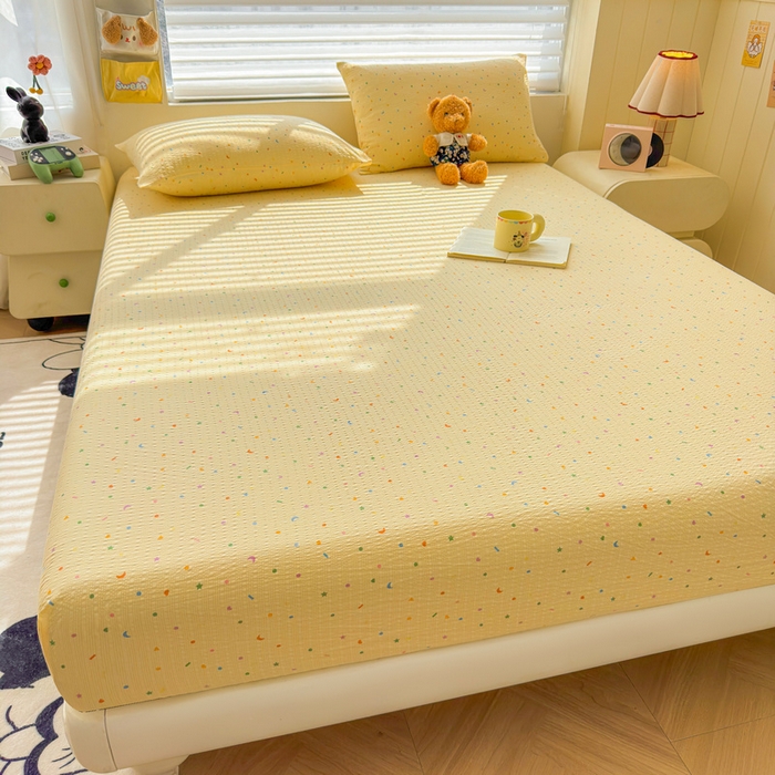 91家纺网 家纺一手货源 找家纺 梵朴 2026新款A类泡芙棉云感木棉邹邹纱双层纱床笠三件套 璀璨星空